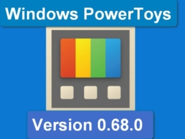 A blue screen with a rainbow colored technology icon. Text reads Windows PowerToys Version 0.68.0.